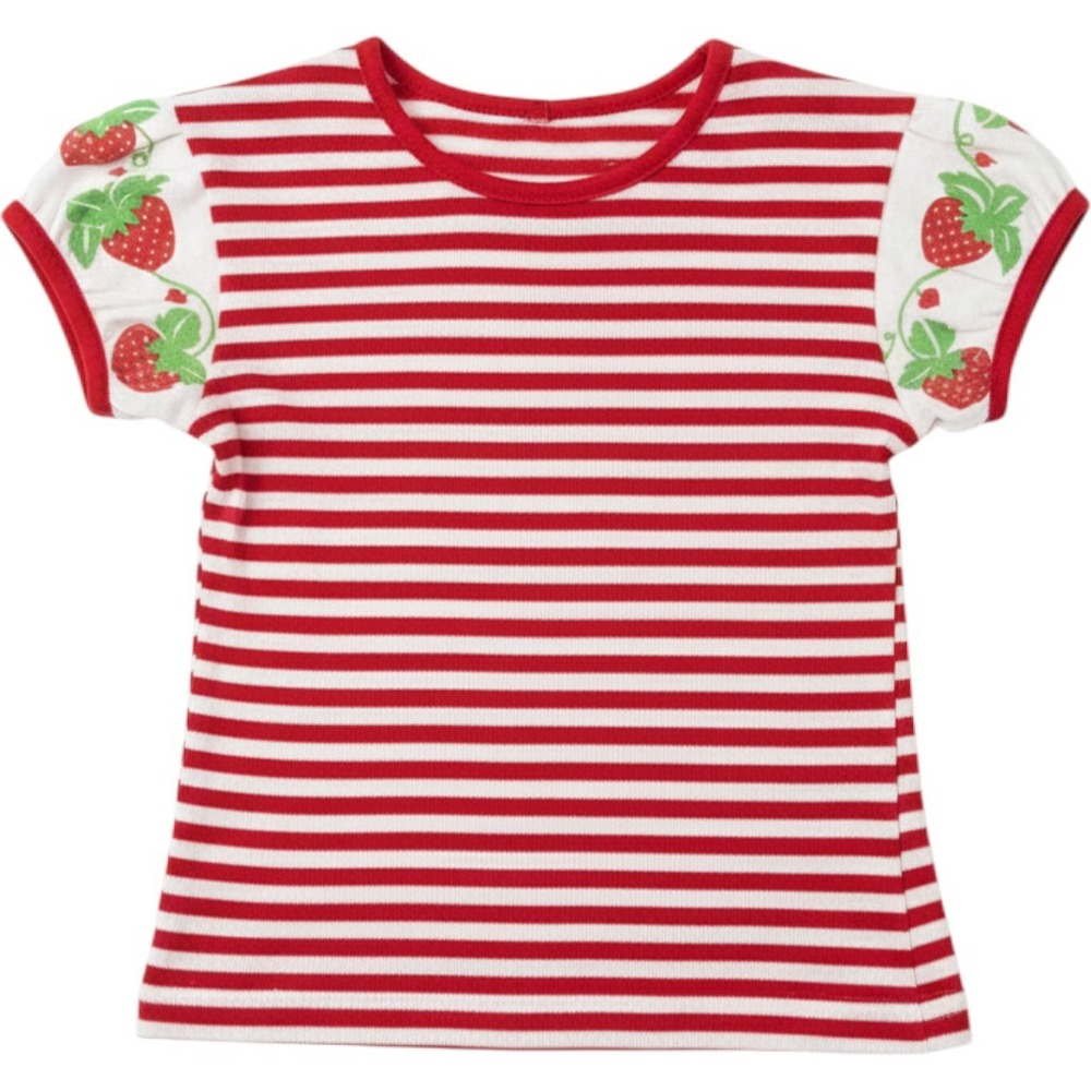 Vintage Carters Red White Striped Strawberry Puff Sleeve Top cottage 70s  USA 3T